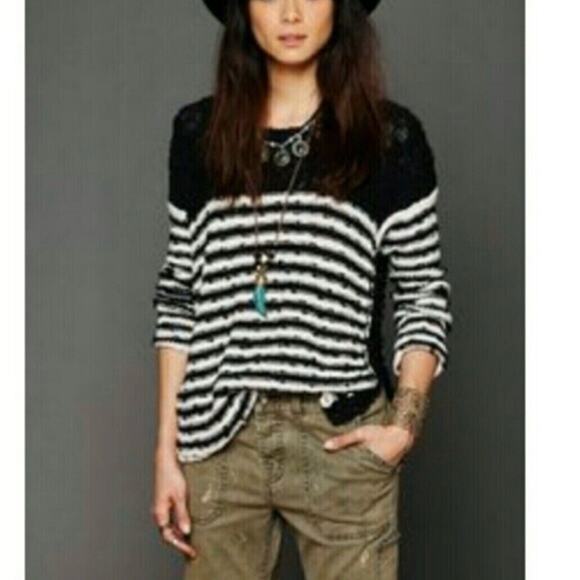 Free People Black French Creek Crochet Sweater Open Knit Boucle Stripe Small - Picture 8 of 8